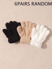 3 Pairs Children's Solid Color Half-Fleece Knitted Gloves, Warm For Autumn/Winter - Multicolor - View 9