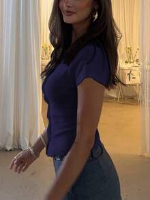 Women's Casual Button Short Sleeve Knit Top, Spring/Summer Street Style Outfit Top - Navy Blue - View 5