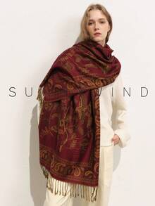1pc Women's Bird & Floral Print Elegant Versatile Polyester Scarf, Suitable For All Seasons And Daily Wear - Burgundy - View 1