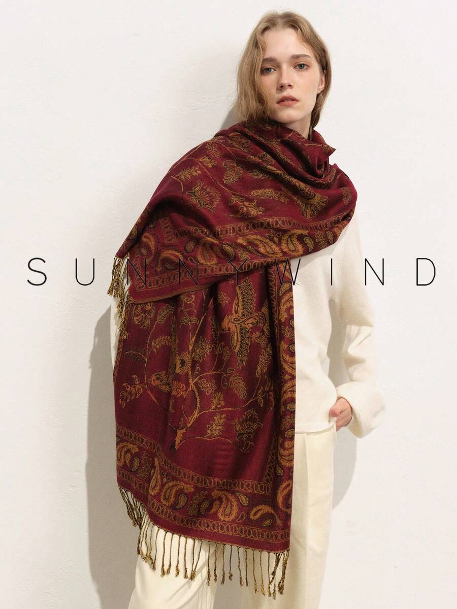 1pc Women's Bird & Floral Print Elegant Versatile Polyester Scarf, Suitable For All Seasons And Daily Wear - Burgundy - View 1