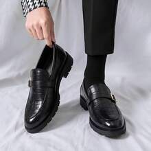 Business Dress Loafers For Men, Crocodile Embossed Buckle Decor Slip-On Dress Shoes - Black - View 2