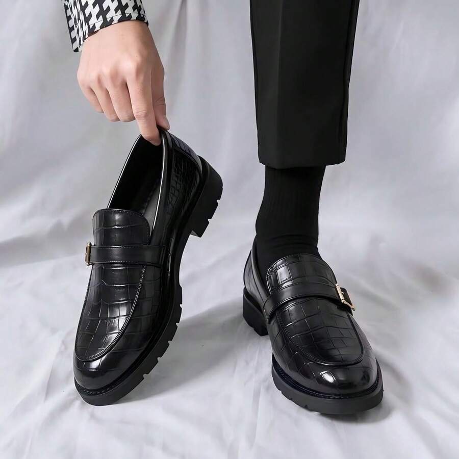 Business Dress Loafers For Men, Crocodile Embossed Buckle Decor Slip-On Dress Shoes