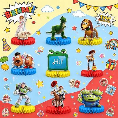 1set/9pcs Fun Cartoon Pattern Honeycomb Center Kit, Paper Honeycomb 3D Desktop Decoration, Multifunctional Desktop Props For Themed Birthday Events, Party Table Background Decoration, Photo Props, And Celebration Kit