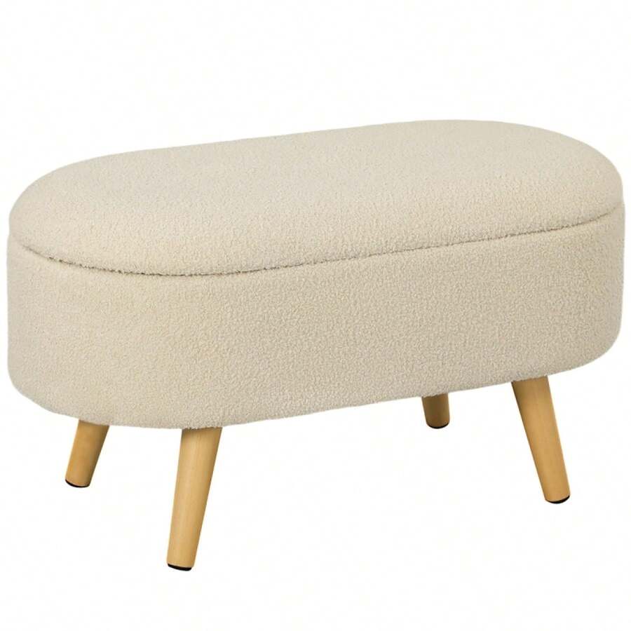Teddy Fleece Storage Ottoman - White On-Site - Cream + Polyester - View 1