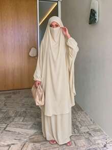 2 Pieces Prayer Abaya Set With Hijab, Elastic Cuff Modest Muslim Outfit, Full Coverage Islamic Salah Wear Woman Abaya - 13# Beige - View 3