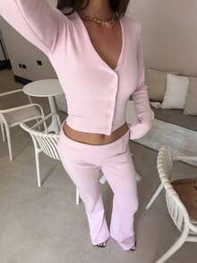 Casual Round Neck Button Long Sleeve Cinched Waist Pants Set - Pink - View 6
