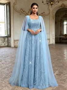 AMILUCK High-End Women's Elegant Heavy Beaded Sequin Lace Square Neck A-Line Dress, Mesh Patchwork Beaded Trim Flutter Sleeves, Suitable For Formal Wedding - Baby Blue - View 2