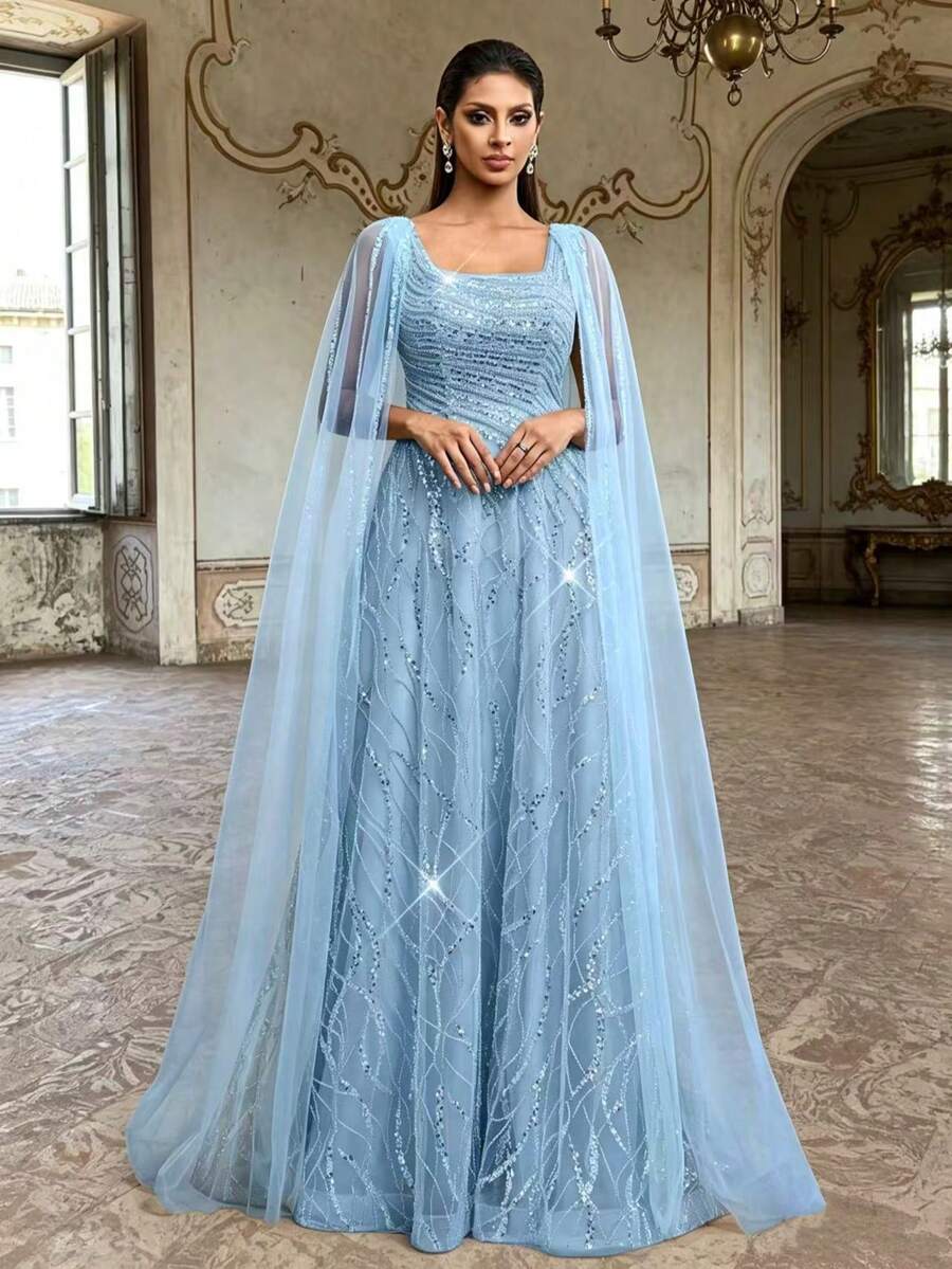 AMILUCK High-End Women's Elegant Heavy Beaded Sequin Lace Square Neck A-Line Dress, Mesh Patchwork Beaded Trim Flutter Sleeves, Suitable For Formal Wedding