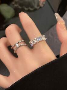 2pcs Copper Vintage Fashion Bamboo Joint Geometric Double Layer Open Ring Set, Unique Niche Design, High-End Minimalist Versatile Finger Rings For Women, Suitable For Daily And Holiday Wear - Silver - View 2