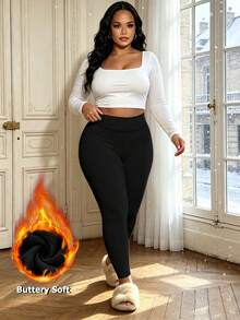 Plus-Size Fleece-Lined Leggings For Women, High-Waisted, Fleece-Lined, Thickened Leggings, Elastic, Warm Pants - Black - View 3