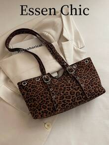 1pc Brown Large Capacity Vintage Leopard Print Faux Suede Tote Bag Women's Shoulder Bag - Brown - View 2