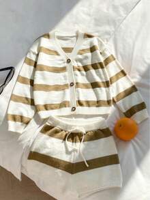 Women's Autumn Cardigan & Shorts Two Pieces Set, V-Neck Striped Colorblock Outfit, Casual Vacation Wear For Fall/Winter - Multicolor - View 7
