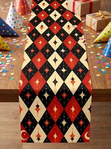 1pc Red & Black Cream Starburst Diamond Lattice Table Runner, Vintage Circus Clown Style Polyester Tablecloth, Geometric Diamond Grid & Sparkling Star Print, Suitable For Magic Theme Birthday Party, Carnival, Game Night And Holiday Celebration Table Decor - Multicolor - View 1