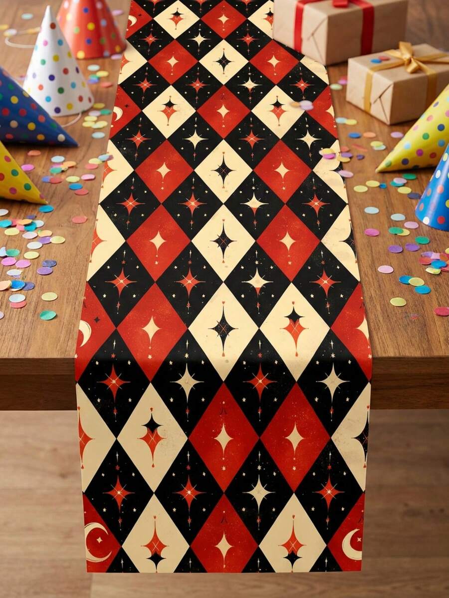 1pc Red & Black Cream Starburst Diamond Lattice Table Runner, Vintage Circus Clown Style Polyester Tablecloth, Geometric Diamond Grid & Sparkling Star Print, Suitable For Magic Theme Birthday Party, Carnival, Game Night And Holiday Celebration Table Decor - Multicolor - View 1