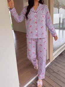 2pcs/Set Women's Pajamas Loungewear Set, Plaid Bow Print Long Sleeve Lapel Top And Pants, Autumn/Winter - Purple - View 4
