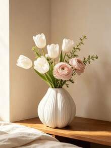 1pc White Ribbed Round Vase, Modern Minimalist Textured Ceramic Style Vase, Decorative Centerpiece For Fresh Flowers And Dried Flowers, Suitable For Tabletop, Living Room, Bedroom, Dining Room, Entryway, Wedding, Bookshelf Decoration, Aesthetic Home Decor Gift - Multicolor - View 6