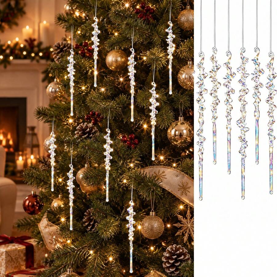 12-60pcs Christmas Tree Icicle Hanging Decorations, Transparent Colorful Acrylic Icicle Pendant Ornaments, Crystal Hanging Decor, Suitable For Christmas Tree, Winter Wedding Party Decoration - Multicolor - View 1