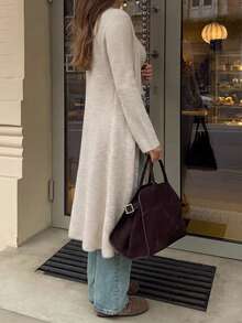 Unadoll Women's Autumn Beige Long Knit Cardigan, Elegant V-Neck Front Button Ribbed Sweater Jacket, Fashionable Casual Commute And Back To School Outfit - Apricot - View 5