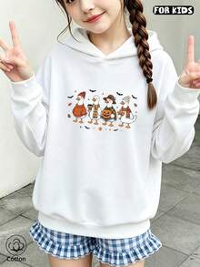 Tween Girl Cute Tween Girl Halloween Sweatshirt With Duck, Pumpkin & Bat Prints, Regular Fit Breathable Pullover For Spring Autumn Daily Wear & Festive - White - View 2