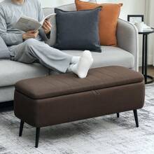 Linen-Look 92 X 31cm Storage Ottoman - White On-Site - Dark Brown + Polyester - View 2