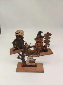 3pcs Vintage Halloween Wooden Indoor Decor, Autumn Decoration, Retro Wooden Blocks, Suitable For Bookshelf Decor, Featuring Ghost, Black Cat, Pumpkin Elements, Ideal Halloween Gift - A - View 8