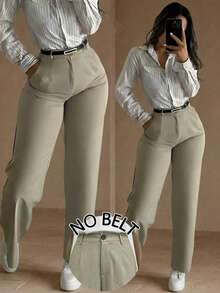 1pc Solid Color Woven Fabric Pocket Button Zipper Long Pants For Vacation, Home, Daily, Office, All Seasons - Khaki - View 6