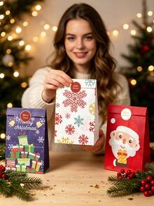 13pcs Christmas Santa Claus Print Gift Bags Set, Gingerbread Man & Christmas Tree Pattern Gift Bags With Christmas Stickers, Party Baking Flat Bottom Paper Bags, Holiday Party Favors, Photo Props, Suitable For Christmas Gift Packaging, Holiday Gifts, Holiday Celebration Decor - Multicolor - View 5