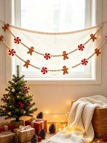 1 Set Gingerbread Man And Peppermint Candy Felt Garland, Gingerbread Man Wooden Bead Design, For Christmas Home Wall Decor, Winter Theme Party Hanging Scene Decoration, Fireplace Home Decor - Multicolor - View 4