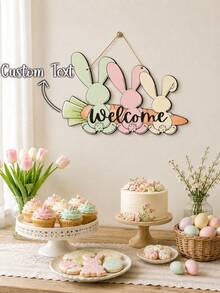 1PC Personalized Bunny Welcome Hanging Sign, Custom Text Rabbit Door Hanger, Pastel Spring Farmhouse Wall Decor, Housewarming Gift - Multicolor - View 2