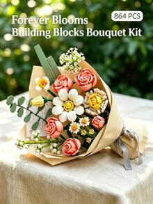 864 Pcs ABS Flower Building Blocks Set, DIY Build‑Your‑Own Forever Bouquet Kit For Adults, Multi‑Angle Adjustment Artificial Flower Blocks, Home Table Decor, Ideal Gift For Valentine's Day, Birthday, Anniversary & All Special Occasions - Multicolor - View 9