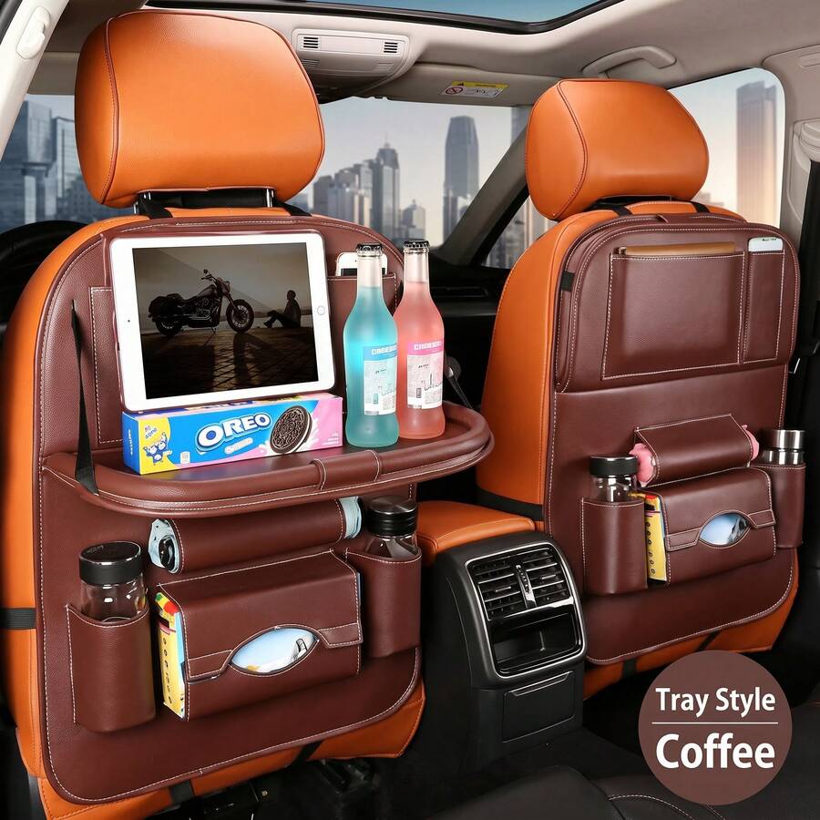 1pc Multicolor PU Car Seat Back Storage Bag, Car Organizer Desk, Premium Multifunctional Car Storage Organizer, Large Capacity Car Storage Bag, Universal Fit Waterproof Durable Headrest Hanging Organizer, Multi-Pocket Backseat Storage Pouch - Multicolor - View 1