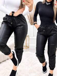 jogger pantalon pants vinipiel piel falsa  con resorte en tobillo modeno juvenil casual - Negro - Ver 12