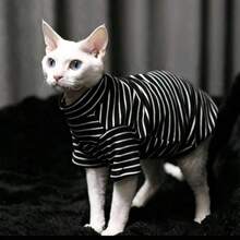 1pc German Sphynx Hairless Kitten Teddy Fleece Warm Striped Two-Legged Outfit, Multiple Colors, Autumn/Winter - Black and White - View 1