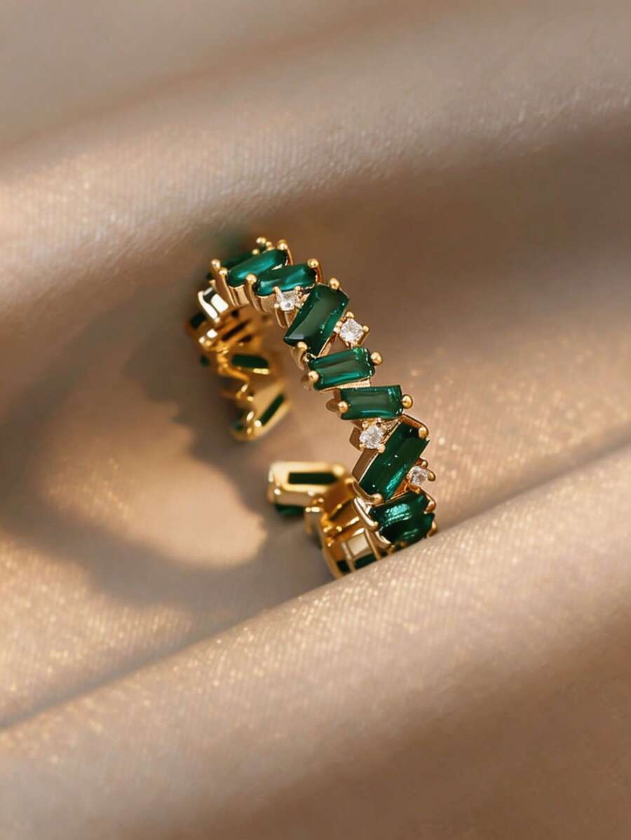 1pc Copper Vintage French Geometric Palace Asymmetrical Emerald Open Ring, Exquisite Elegant Artistic Retro Niche Design, Suitable For Women's Daily And Holiday Wear - Green - View 1