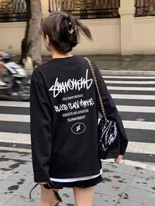 Women's Fashion Autumn/Winter Loose Minimalist Versatile Letter Print Long Sleeve T-Shirt - Black - View 2