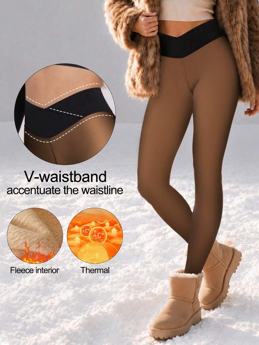220g Women's Fleece Lined Cropped Length Skinny Leggings, Criss-Cross Waist Design, Comfortable & Fashionable, Suitable For Various Occasions, Multiple Colors Available - Bronze - View 1