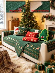 1pc Super Strong Atmosphere Christmas Chenille Material Non-Slip Sofa Cover, Pet Friendly Furniture Protector, Cozy Comfortable Home Decor Suitable For Most 1-4 Seater Sofa Cushions Armrests Backrest - Green - View 1