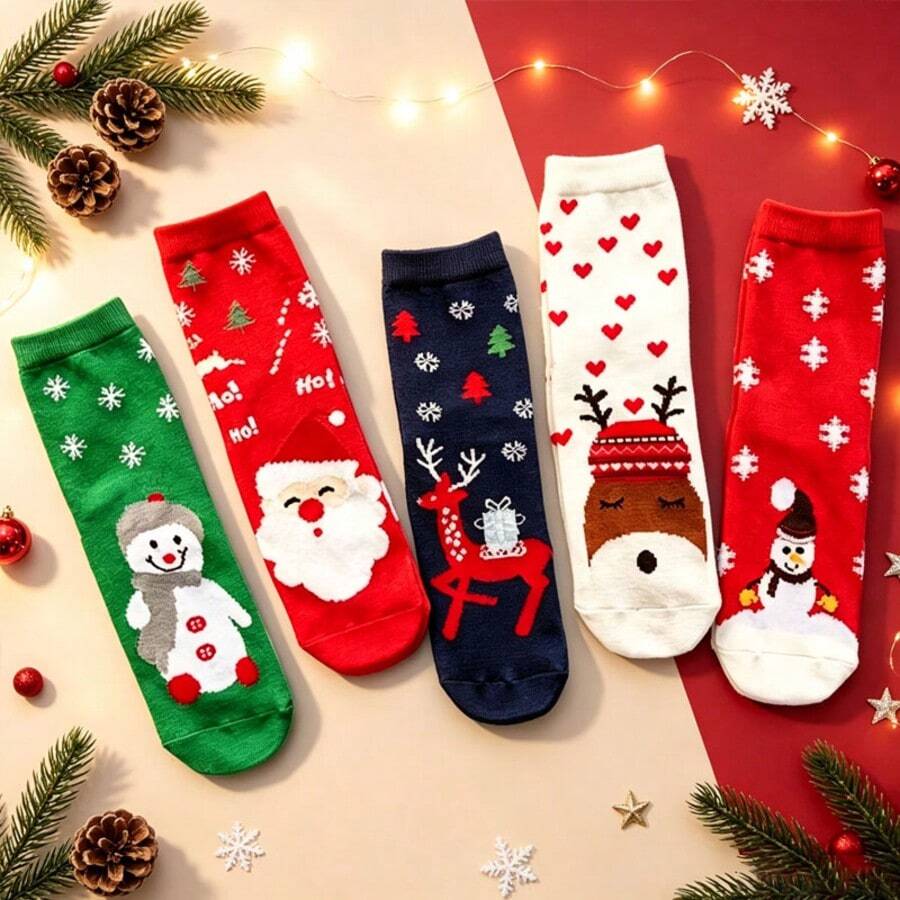 1/5/10Pairs Christmas Socks Suitable For Holiday Parties & Gifts - Soft Breathable Mid-Calf Socks With Santa, Snowman & Reindeer Patterns, Ribbed Cuff Warm Winter Footwear (Hand Washable, Festive For -Day Wear) - Multicolor - View 1