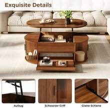 Coffee Table With Lift-Top Function, Living Room Table With Hidden Storage, Modern Sofa Table With Grooved Structure, Sliding Side Doors And Practical Storage Space, Multifunctional Coffee Table - Walnut - View 5