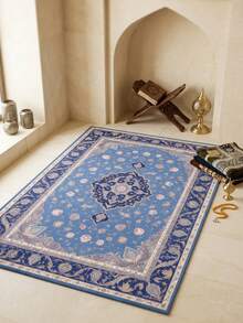 1PC Light Blue Navy Pink Floral Medallion Pattern Traditional Persian Carpet, French Vintage Elegant Style Faux Cashmere Rectangular Area Rug With Multi-Layered Serrated Center Medallion And All-Over Scattered Floral Details, Machine Washable, Suitable For Living Room Bedroom, All-Season Home Decor - Multicolor - View 7