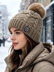 1pc Women's Autumn/Winter Pom Pom Knit Hat, Fashionable Versatile Windproof Warm Woolen Beanie, Suitable For Daily Outdoor Cold Weather Wear - Multicolor - View 13