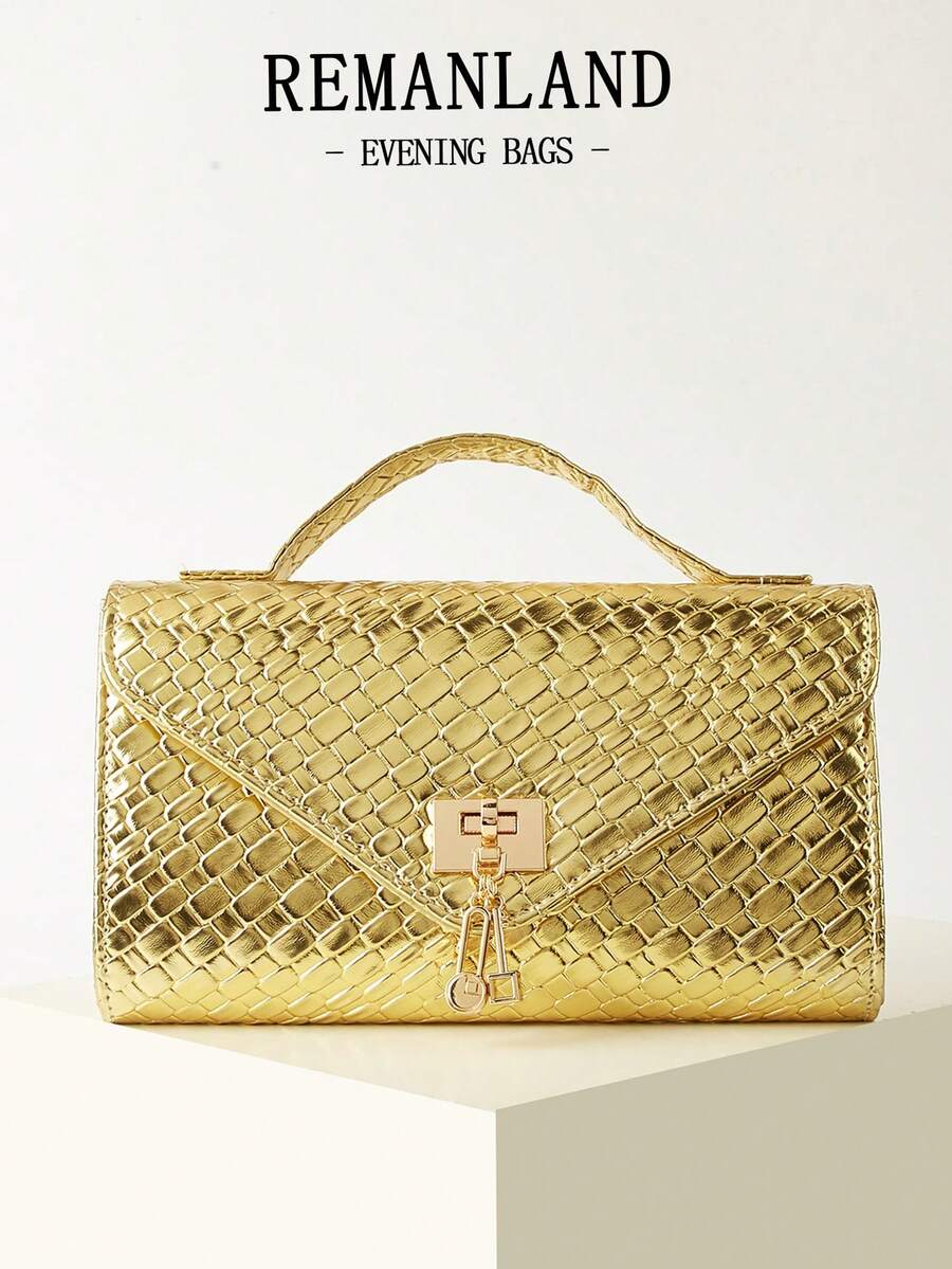 REMANLAND Women's Elegant Solid Color Envelope Clutch Bag, Elegant Evening Handbag, Flap Lock Design, Suitable For Wedding Guests, Evening Parties, Balls And Formal Occasions - Gold - View 1