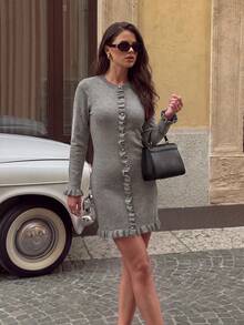 Women's Elegant Grey Ribbed Knit Fitted Long Sleeve Ruffle Hem Metal Button Sweater Dress, Autumn/Winter Date Outfit Fall - Grey - View 9