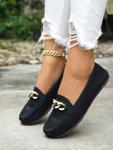 Women's Spring New Arrival Gold Chain Decor Slip-On Loafers, Light Weight Comfortable Versatile Rubber Flat Shoes - Black-two-tone - View 5