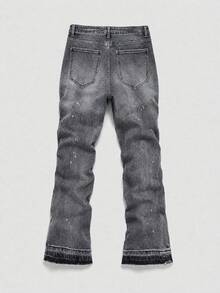American Style Splatter Design Flared Jeans, Hip-Hop Streetwear Frayed Hem Denim Pants, All-Season Casual Commute Flared Jeans, Daily Commute Frayed Hem Flared Denim Pants For Men - Grey - View 2