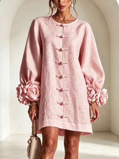 French 3D Floral Lantern Sleeve Dress, Round Neck Frog Button Loose Fit Short Vacation Dress, Autumn/Winter Women's Outfit, Suitable For Wedding Guest Wear