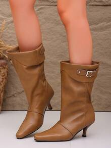 2026 New Women's Square Toe High Heel Slouch Boots, Genuine Leather Folded Western Cowboy Ankle Boots, Slimming Stiletto Heel - Brown - View 3