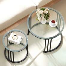 Round Coffee Tables Set Of 2, Nesting Tables With Tempered Glass Top And Steel Frame, Black On-Site - Black + Tempered Glass - View 8
