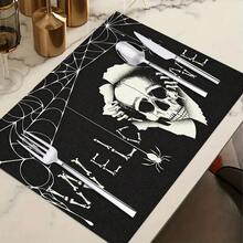 1/4/6pcs Halloween Series Bone Font Skeleton Spider Web Pattern Printed Placemats, Heat-Resistant Table Mats For Home Kitchen/Dining Table Protection, Party Scene Decoration - Multicolor - View 12