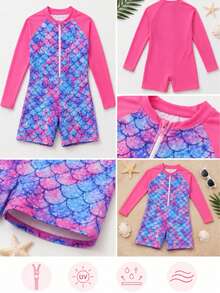 Traje de baño de una pieza rosa de moda para niñas y preadolescente con estampados en múltiples colores de escamas de tipo sirena especial para vacaciones verano playa piscinas - Multicolor - Ver 8